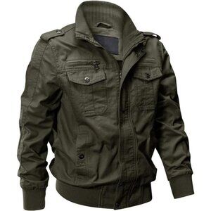 Mens Military Jacket Lightweight Cotton Cargo Jacket Multi Pocket Stand Collar